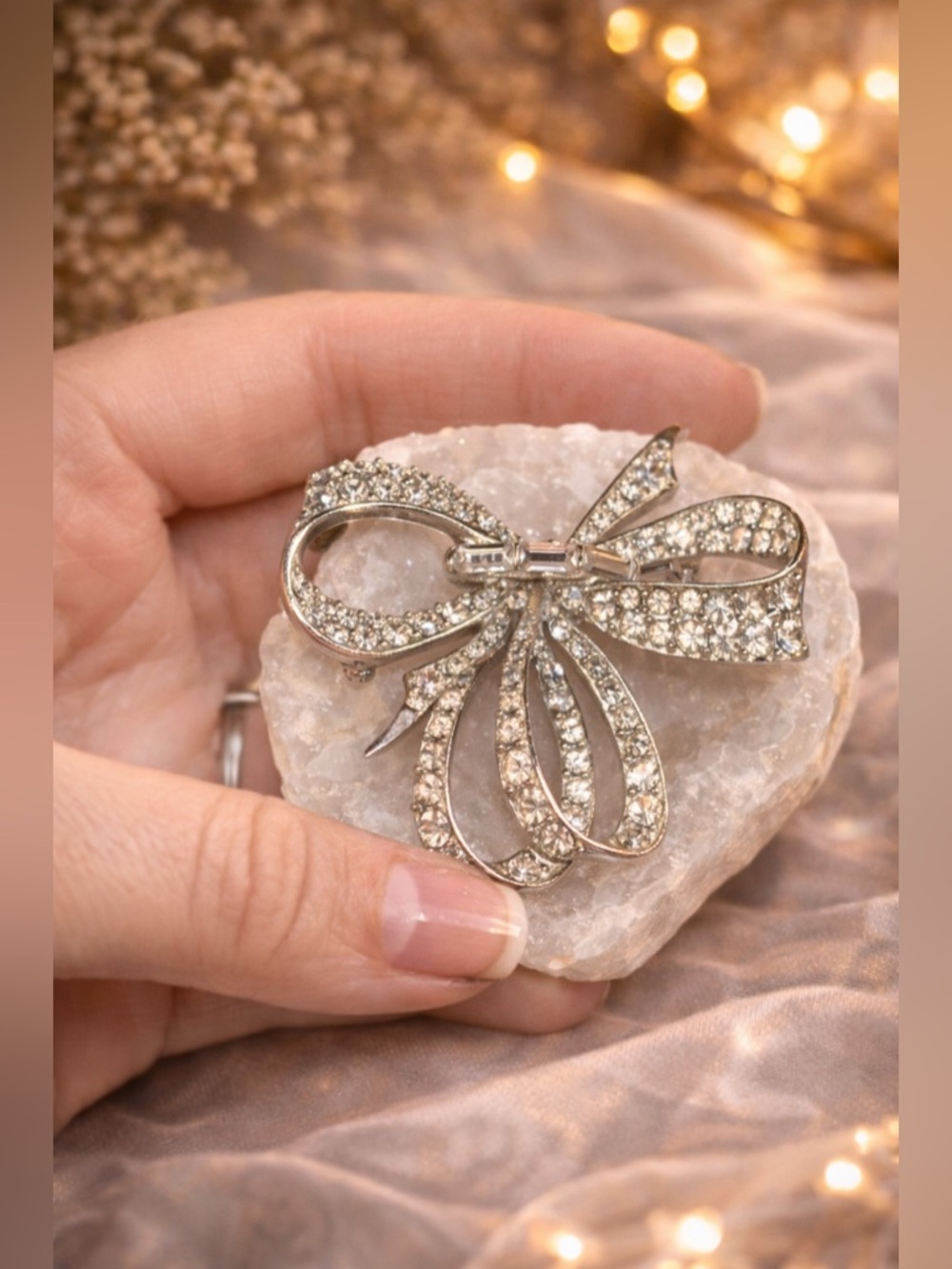 Vintage Rhinestone Bow Brooch • Silver Tone • Crystal Ribbon Pin Statement